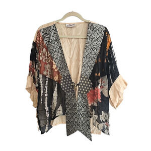 VTG Sterling Styles Boho Gypsy Artsy Lagenlook Art Patchwork Silk Top Womans OS